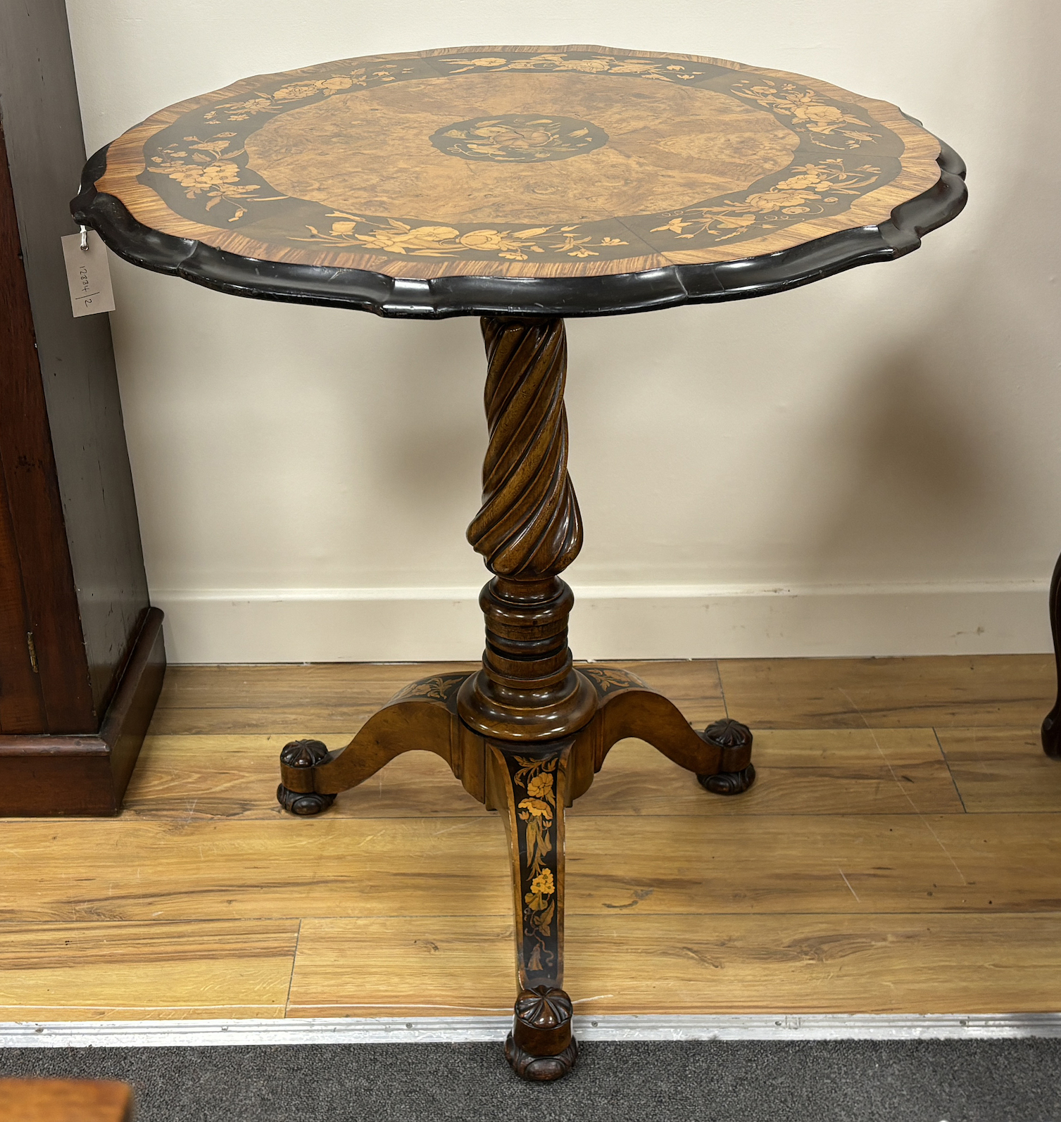 A 19th century Italian floral marquetry burr walnut circular tripod table, diameter 70cm, height 75cm